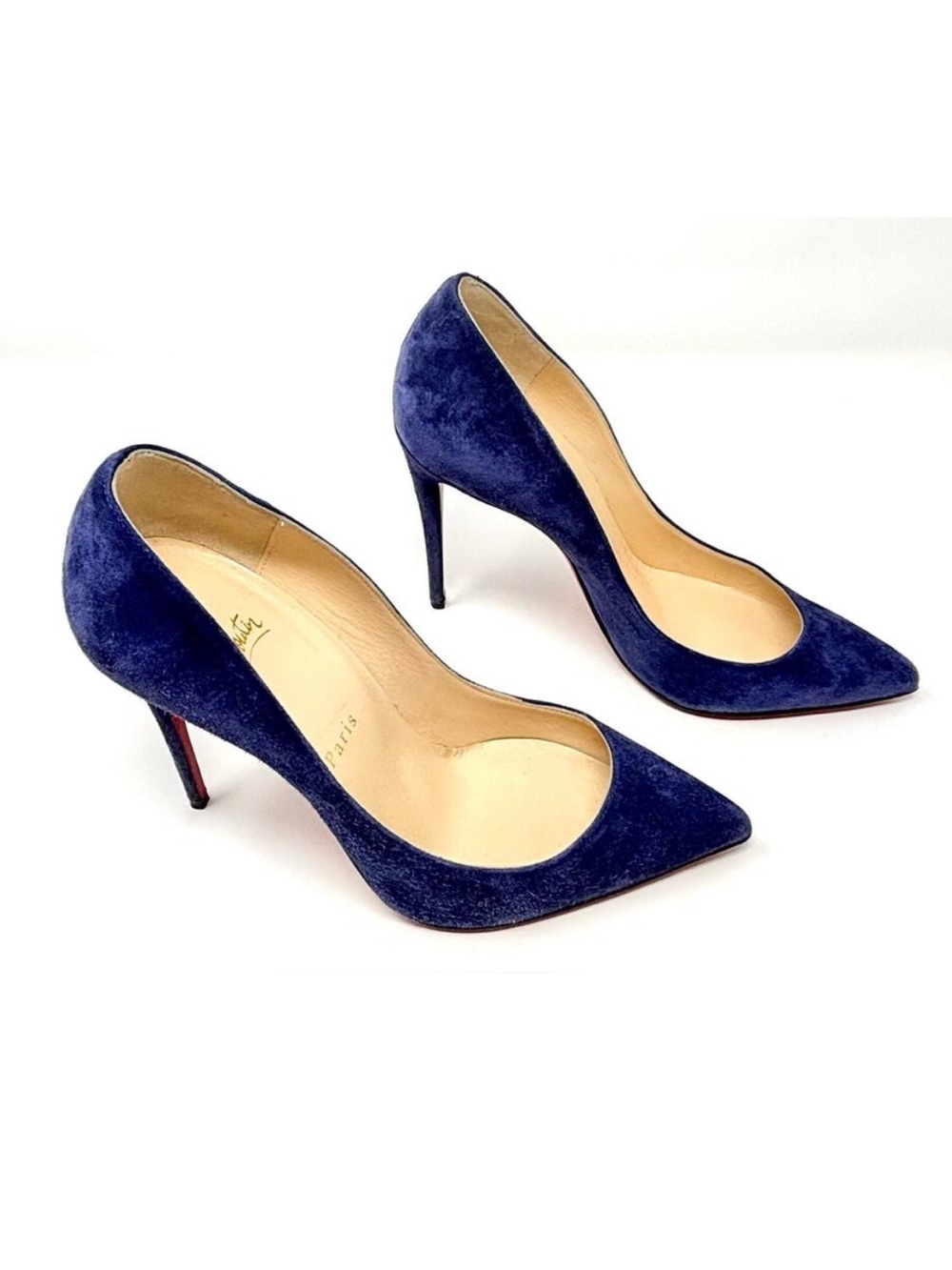 Christain Louboutin Pigalle Follies Pointed Toe Blue Suede Heels Pumps 37